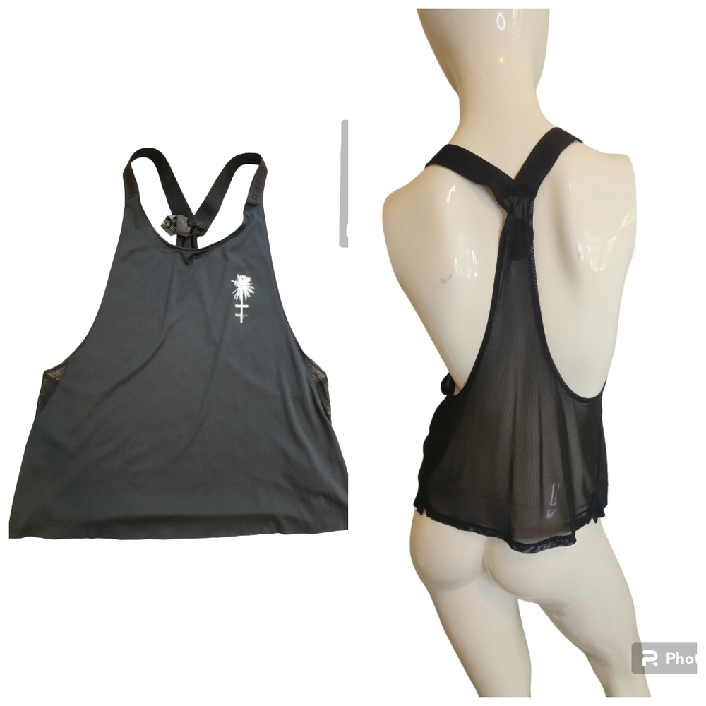 Hurley Surf Beach Vacation Workout Stretchy Sheer Low Back Slouchy Palm Tree